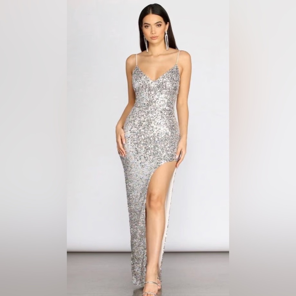 Windsor Silver Sequin Prom Dress